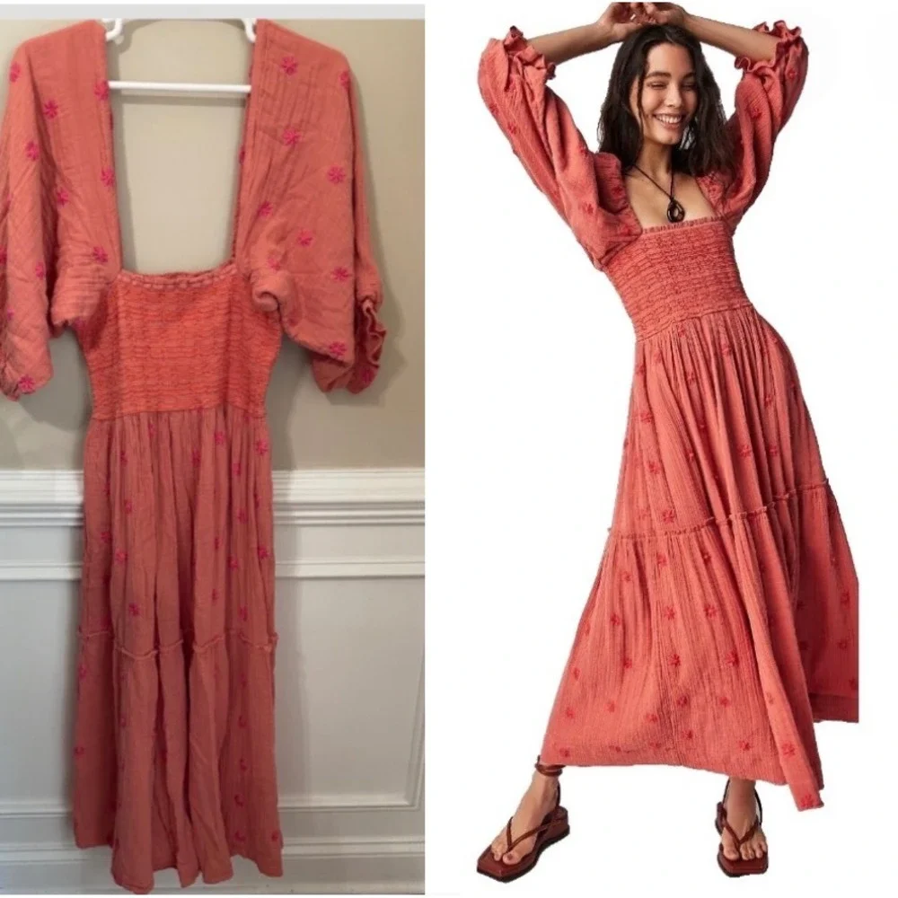 Free People XL Dahlia Embroidered Maxi Dress Coral Pink Smocked Puff Sleeve